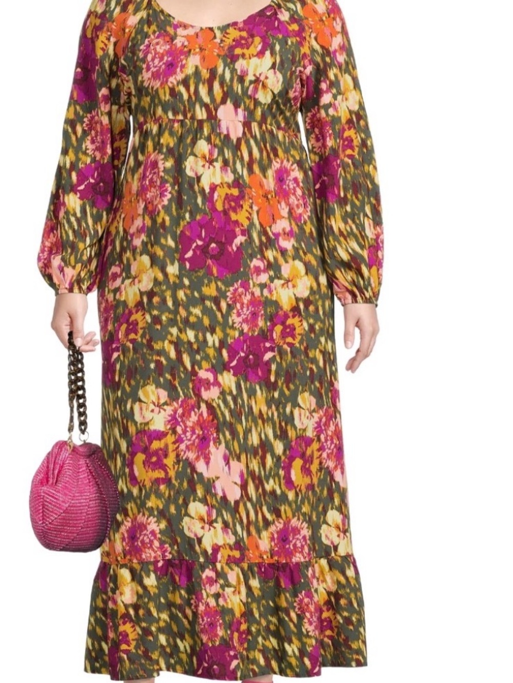Olive Floral Maxi Dress with Magenta & Orange Flowers